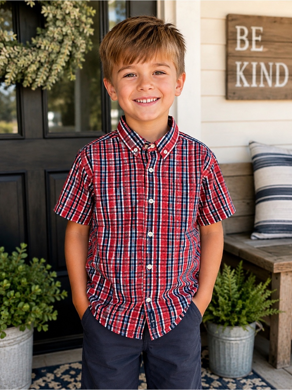 E-Land Kids Red & Navy Plaid Short-Sleeve Button-Down Shirt 6/7